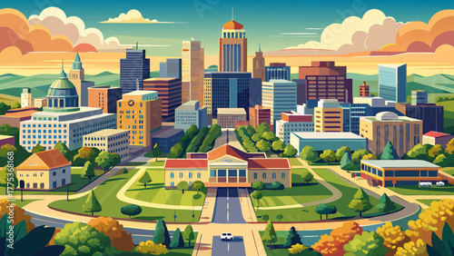 Very beautiful aerial panoramic view of Topeka, Kansas, USA, along 10th Avenue, showcasing the city’s skyline, government buildings, and tree-lined streets in the capital city of Shawnee County.