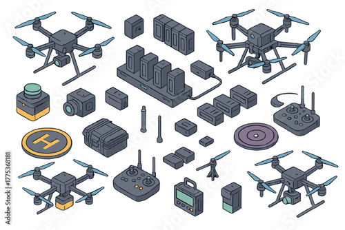 Isometric set of professional drone technology components, aircraft, remote controllers, and accessories
