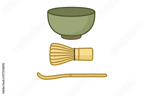 Japanese matcha tea ceremony tools including chawan bowl, chasen whisk, and chashaku scoop