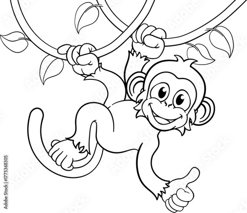 A monkey cartoon character singing on jungle vines and giving a thumbs up