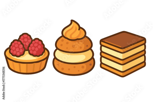 Collection of three sweet pastry desserts: raspberry tart, cream puff, and layered cake slice