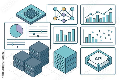 Digital infrastructure and data analytics visualization featuring server stacks, microchip, and statistical charts
