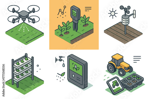 Isometric smart farming technology concepts featuring drone spraying and vertical agriculture systems