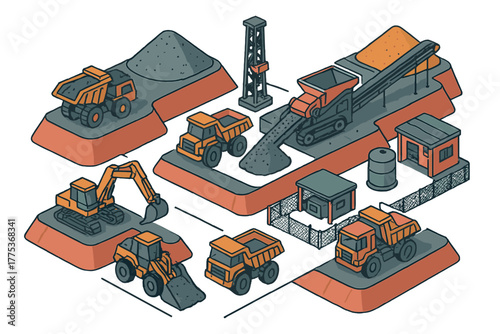 Isometric layout of a quarry or mining site with heavy machinery and material processing