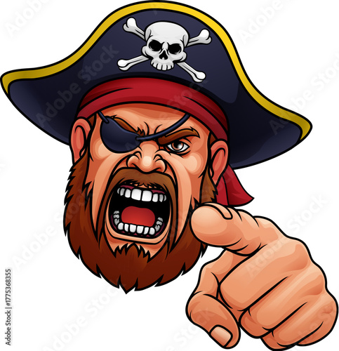 A pirate captain angry mascot cartoon man face or head pointing at the viewer.