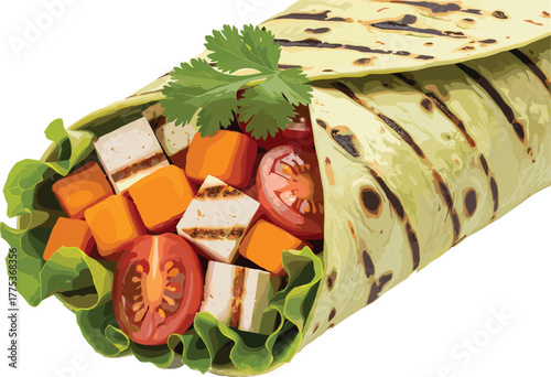 vegetarian wrap sandwich, grilled flatbread, fresh vegetables, cherry tomato, tofu cubes, cilantro garnish, healthy food, cad drawing flat vector illustration