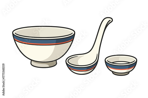 Traditional Asian ceramic tableware set with bowl, soup spoon, and dipping dish