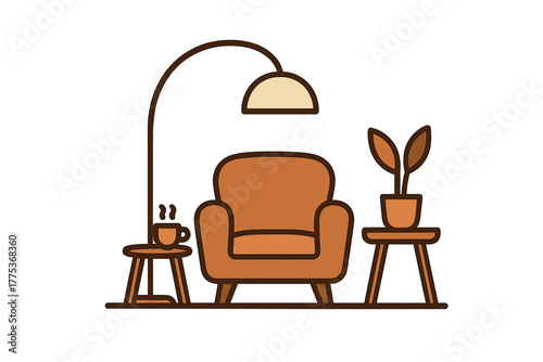 Comfortable armchair reading nook setup with floor lamp and steaming coffee cup