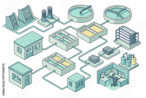 Isometric layout of a wastewater treatment plant showing purification and filtration stages