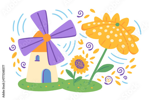 Whimsical cartoon windmill with purple blades surrounded by bright yellow sunflowers and green grass