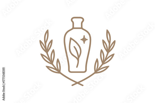 Natural essence bottle outline surrounded by decorative botanical branches