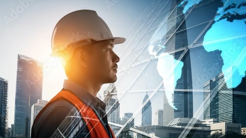 Construction worker with hardhat and safety vest stands against a city skyline background view outdoor