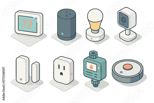 Isometric smart home devices including thermostat speaker light bulb camera sensor plug and robot vacuum