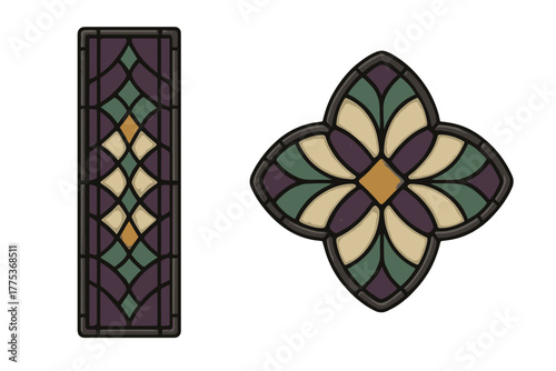 Decorative stained glass panel and quatrefoil design elements with vintage gothic style patterns