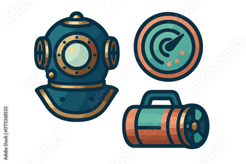 Vintage deep sea diving helmet pressure gauge and underwater flashlight