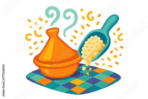 Vibrant traditional clay tagine cooking vessel and pouring couscous grains onto a checkered mat