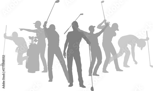 Silhouette golf player set. Active golfers golfing sports people healthy players fitness silhouettes concept.