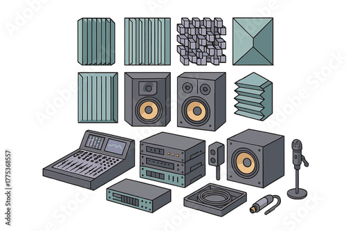 Professional sound recording studio equipment set with acoustic foam panels