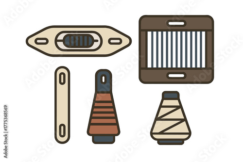 Flat icons representing components of textile weaving machinery and loom equipment