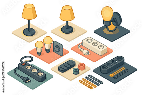 Household electrical equipment, lighting fixtures, power strips, and cables in isometric view