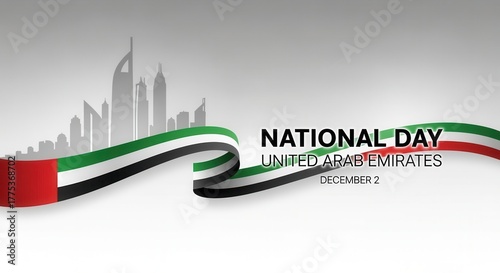 UAE National Day celebration banner with a waving flag ribbon. Modern city skyline silhouette for the United Arab Emirates holiday on December 2nd