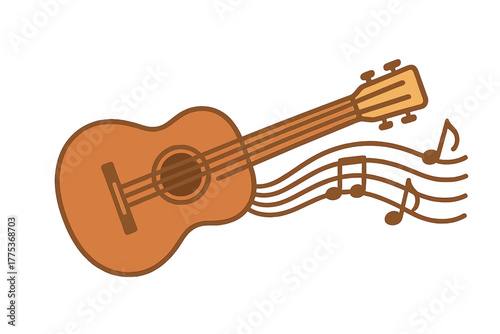 Stylized acoustic guitar playing music with flowing musical notes and staff lines on a white background