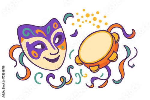 Vibrant Mardi Gras mask and musical tambourine surrounded by abstract festive elements