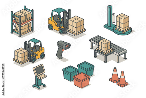 Isometric set of warehouse logistics equipment: forklift, conveyor belt, scanner, storage racks