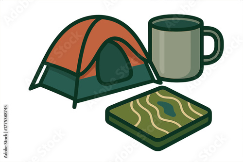 Set of camping essentials including tent, metal mug, and topographic map