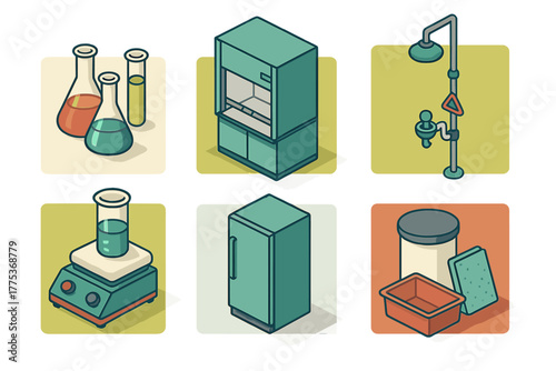 Essential chemistry and biology laboratory equipment and safety items in isometric style