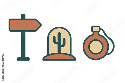 Minimalist desert adventure objects featuring a directional signpost, a cactus, and a round water canteen