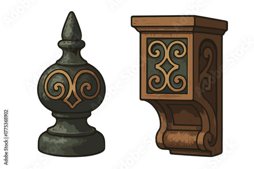Antique decorative architectural elements set with weathered metal finial and ornate wooden corbel