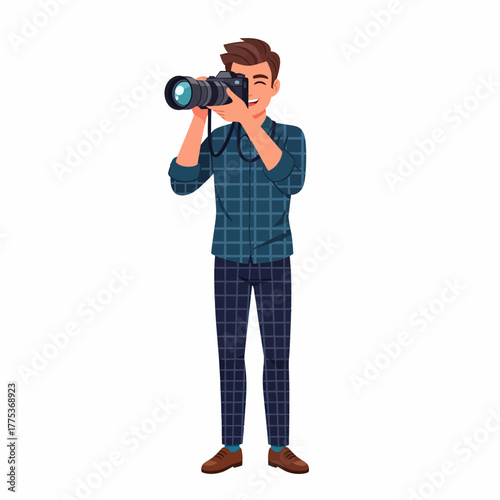 Cartoon character of photographer taking picture with camera equipment