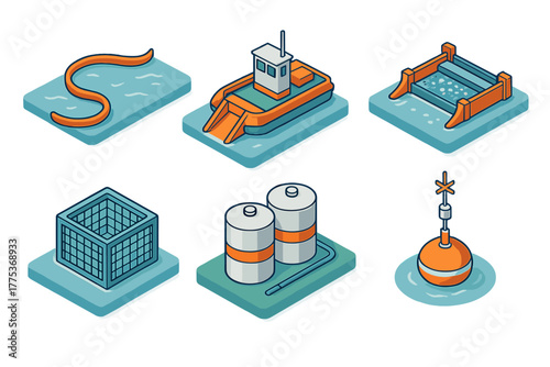 Isometric elements set depicting equipment for the fish farming and water management industry