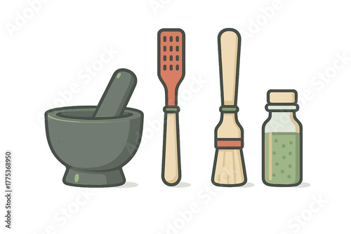 Essential kitchen utensils set including mortar, pestle, spatula, and basting brush