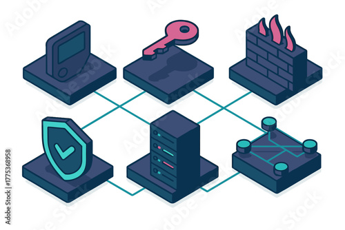 Isometric diagram of network security system with firewall server key and protective shield