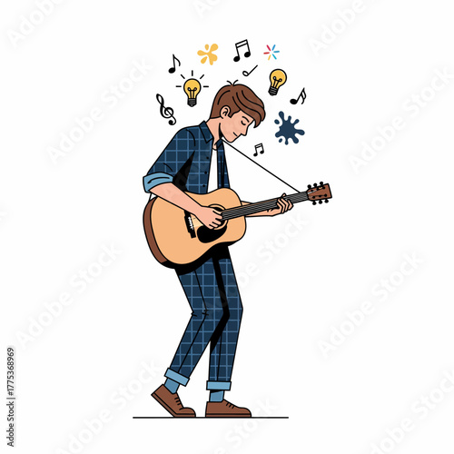 Illustration of musician playing guitar with musical ideas swirling above
