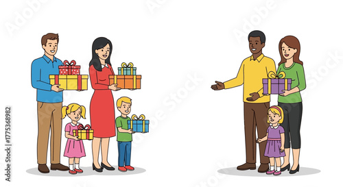 Two families exchanging gifts during a holiday celebration, showing happiness and generosity