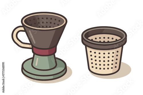 Stylized pour over coffee dripper cone and reusable perforated filter basket set
