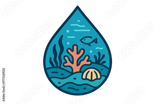 Vibrant coral reef ecosystem with marine life enclosed in a stylized water drop symbol