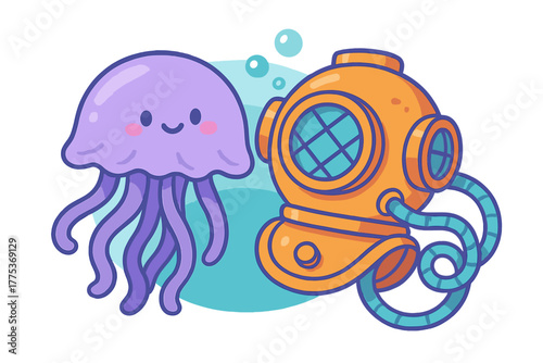 Adorable purple jellyfish floating beside a vintage orange deep-sea diving helmet