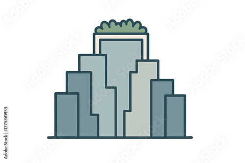 Stylized cityscape showing multiple high-rise buildings and rooftop greenery