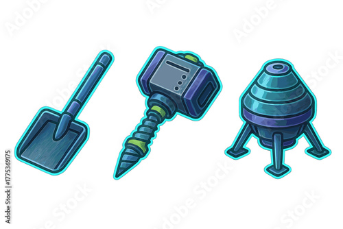 Stylized futuristic space mining equipment set including shovel heavy duty drill and capsule pod