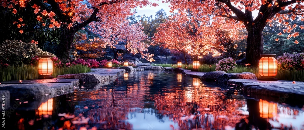 Obraz premium Serene Japanese Garden at Dusk.