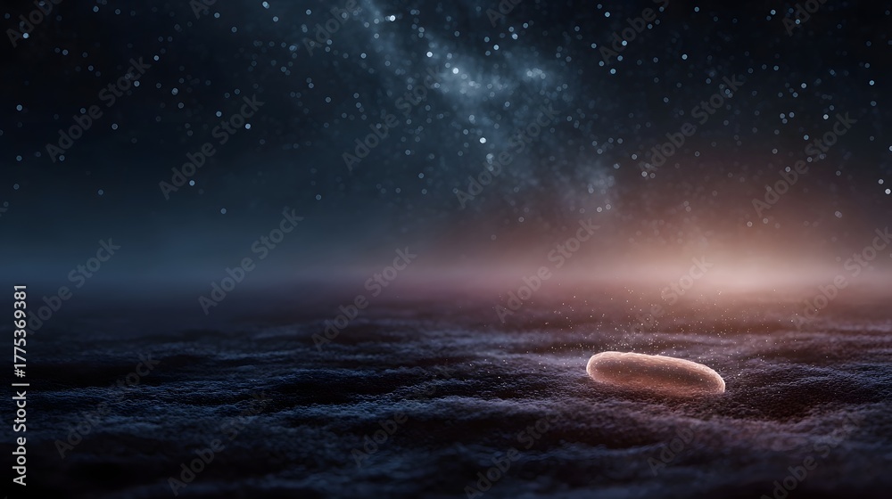 Fototapeta premium A solitary microbe glows on a textured surface beneath a starry cosmic sky