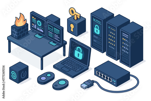Isometric digital security elements including server racks, firewall, laptop, and monitors