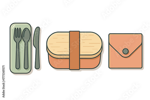 Sustainable zero waste lunch kit elements featuring a bento box and reusable fork, spoon, and knife