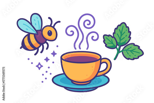 Cute cartoon bee flying near a steaming cup of herbal tea with fresh mint leaves and sparkles