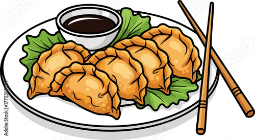 Fried Gyoza dumplings with soy sauce and chopsticks, flat vector illustration.