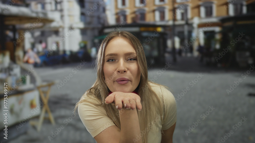 Fototapeta premium Woman smiling and blowing kiss on city street in daylight with background of urban buildings and blurred pedestrians, embodying a joyful outdoor moment.
